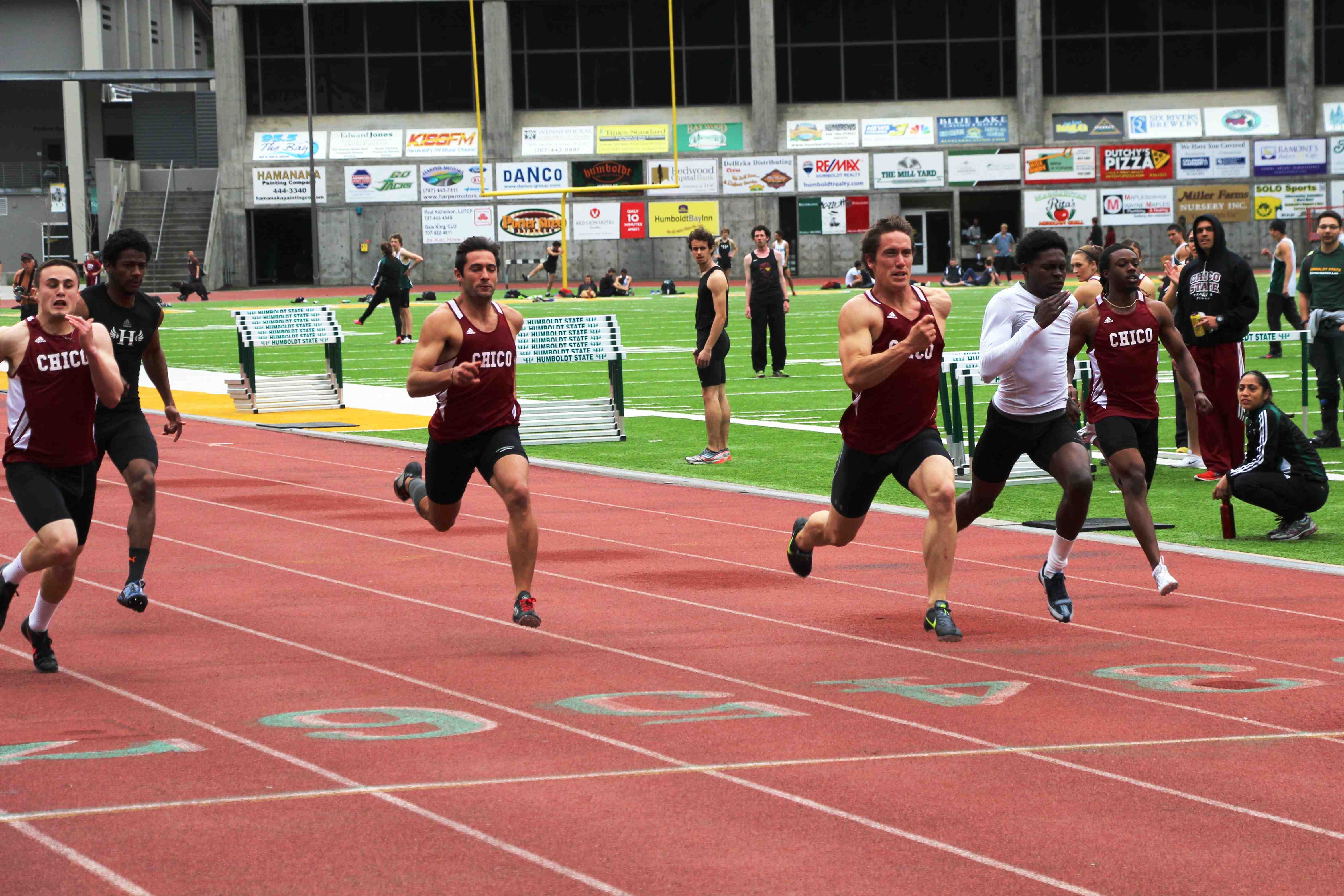 Chico State runners near the end of the 100m from left to right: Chad Baur (3rd), Teddy (4th), JP (1st), Joey Johnson (5th).